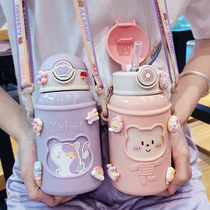 316 stainless steel Children girl cute with straw Cup portable kindergarten large capacity heat preservation kettle