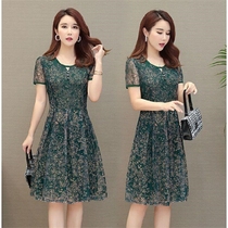 Middle-aged womens summer mother dress short sleeve chiffon mesh medium and long summer middle-aged people 40 years old 50