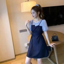 Age-reduced skirt stitching fake two-piece dress 2021 summer new first love skirt waist thin Hepburn wind A- line dress