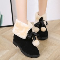 Autumn and winter 2021 new solid color boots hairball flanging womens cotton boots flanging snow boots womens shoes wholesale