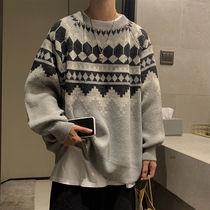 Autumn and winter Gangfeng sweater men loose Tide brand handsome round neck sweater coat men Korean trend retro sweater sweater