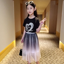 Girls set summer 2021 new foreign style skirt little girl mesh skirt long short sleeve two-piece set