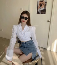 Suit collar white shirt Womens spring and Autumn design sense niche slim long-sleeved inner shirt jacket short top