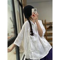 When weaving summer vintage National style Chinese tea suit oblique flap buckle lace up super loose size thin linen top female