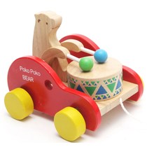 Childrens bear beating drum tow cart toddler wooden hand pull line fun 0-1-2 years old baby baby drawstring toy
