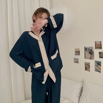 New ins pajamas female Japanese Korean version of color comparison simple Net red long sleeve cardigan girl Sweet Home suit suit