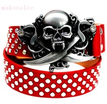 European and American trend mens belt personality youth belt Korean version of the Tide mens belt skull double knife buckle rivet Leisure