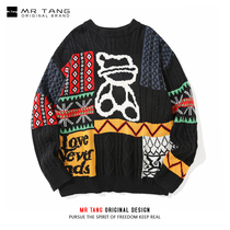 MrTang American retro round neck knitted sweater men and women Street Autumn Winter lazy college style casual couple top