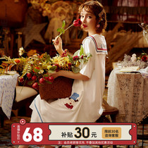 Nightdress women's summer thin short sleeve cotton white long knee pajamas Lovely Japanese summer home clothes skirt