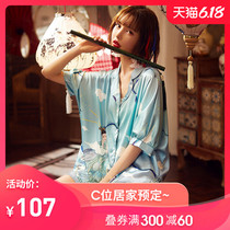 Summer light blue fresh national fashion art ice silk pajamas women's summer thin short sleeve silk home clothes set