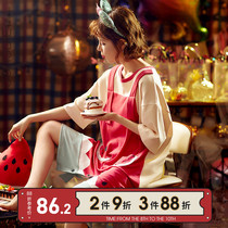 Summer cotton nightdress women's summer thin short sleeve watermelon one piece trouser skirt Lovely Japanese home clothes pajamas summer