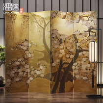 Gold foil Chinese classical solid wood simple hand-painted screen partition porch living room tea room decoration block folding movement