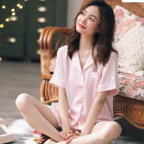女士真丝睡衣女夏季冰丝薄款两件套短袖短裤桑蚕丝家居服套装男zs