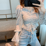 Real shot#女团风#Thailand ins small floral chiffon shirt long-sleeved umbilical short drawstring puff sleeve top autumn