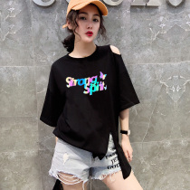 Womens clothing 2022 new net red ins ultra-fire reflective butterfly blouses large code open fork open shoulder short sleeve t-shirt woman