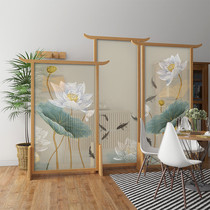 New Chinese screen partition living room fashion porch wooden fabric study movable triple seat screen modern Lotus