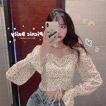 Autumn net red niche temperament floral chiffon long-sleeved t-shirt female student super fairy design sense drawstring short top