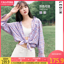 新品乐町休闲格纹衬衫2020夏季新款双色格纹衬衫女宽松设计感
