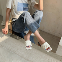 Inking pot new soft cotton Q elastic rhombus bread square head slipper women's summer word head flat bottom Sandal