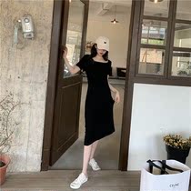Temperament round thin collar split fork short sleeve jumpsuit female summer 2021 New Korean skirt a high waist skirt season long skirt