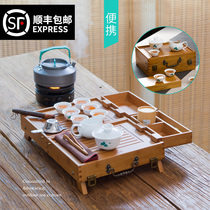 Bamboo portable purple sand blue and white porcelain tourism outdoor car travel tea set kit kung fu with tea tray set