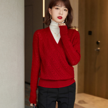 Lazy romantic very feminine elegant retro red loose V-neck pullover wool flexible non-tie sweater