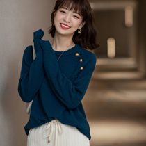 Skin-friendly and Natural Comfort Elegant Temperament Shoulder Buckle Peacock Blue Crewneck Pullover Women's Wear in Spring 2022