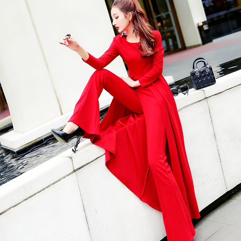 复古修身连衣裙套装2018春装新款女装红色两件套高腰长裤时尚长裙