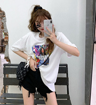 Q女家 情侣t恤夏宽松显瘦个性慵懒简约百搭圆领印花上衣女
