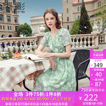 香影雪纺连衣裙女2020夏季新款清新淑女中长收腰显瘦荷叶边v领裙