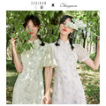 Tricolor 2020 summer new style lace stand collar bow Lantern Sleeve print fairy cheongsam skirt two piece set