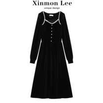 XinmonLee French gold velvet dress children Spring and Autumn New retro waist slim temperament fashion