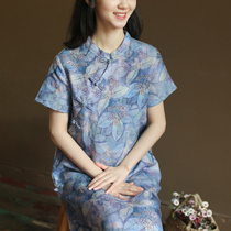 Q505 summer dress, Tencel ramie literature and art, Chinese style improved cheongsam, loose forest series, medium length dress, female