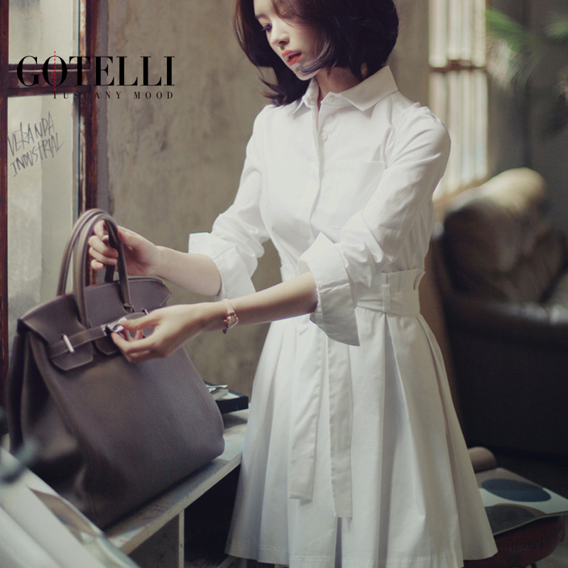 GOTELLI2015夏季新款韩版女装长袖连衣裙 OL中长款纯棉衬衫裙子