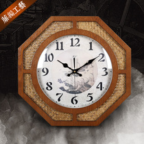 TQJ New Chinese style wood living room wall clock Chinese style rattan woven quartz clock watch clock bedroom mute hanging watch