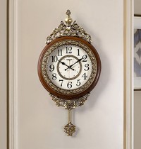 Retro European hanging wall home wall clock living room hanging watch quartz clock non-perforated American luxury clock decoration