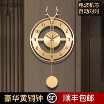 New Chinese light luxury watch silent table living room pure copper wall clock high-end villa porch decoration round deer head hanging watch