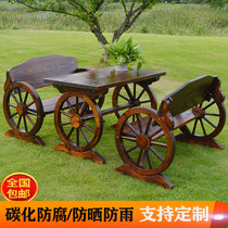 Outdoor anti-corrosive solid wood furniture Chinese style dining table chairs Leisure Three sets of wheel base Composition Garden Balcony Table and chairs