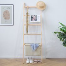 Household wall coat rack floor bedroom storage rack solid wood trouser rack clothing rack Japanese storage rack living room