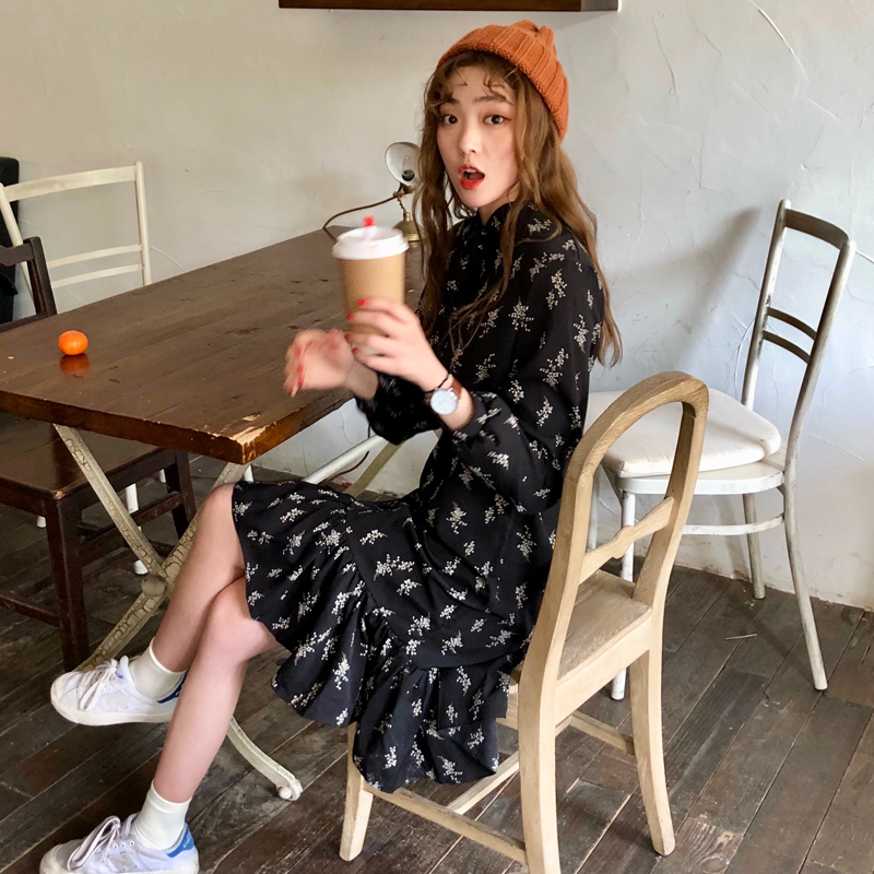 春装女装韩版小清新复古中长款长袖碎花连衣裙学生休闲打底裙长裙