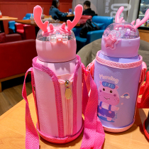 Childrens intelligent thermos cup with straw female students temperature temperature temperature stainless steel cup kindergarten boys baby Cup