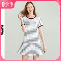 HAVVA2020夏季新款纯棉t恤连衣裙短袖休闲条纹百褶体恤裙女Q4858