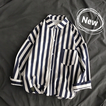 Jacket 2021 summer seven points short sleeve shirt men loose size sports striped shirt Korean trend inch shirt