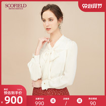 SCOFIELD women's mulberry silk pleats design tie stand collar shirt SFBA93806Q