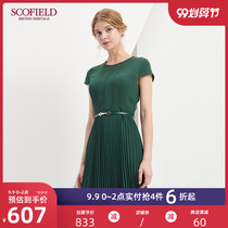 SCOFIELD Women's Elegant Pleated Skirt Commuter Mid-length Slim Short Sleeve Dress SFOW82510Q