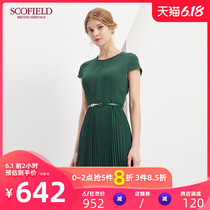 Scofield women's elegant pleated skirt commuter medium length slim short sleeve dress sfow82510q
