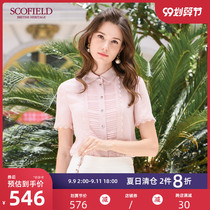 SCOFIELD Ladies Lace Trim Decoration Square Collar Slim Short Sleeve Shirt Women New SFBA92508Q