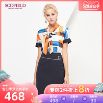 Scofield women's commuter contrast print straight tube ladies bow scarf shirt sfba72508q