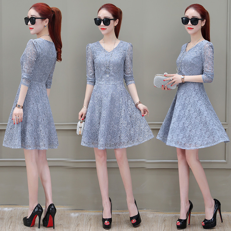 蕾丝连衣裙春装2018新款流行女装潮韩版中长款裙子春季长袖初恋裙