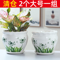 Large flowerpot ceramic with tray clearance extra-large creative green chlorophyte plant simple household fleshy flowerpot